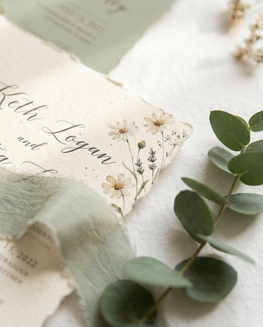 Wildflower wedding invitation card close-up detail, sage and cream watercolor