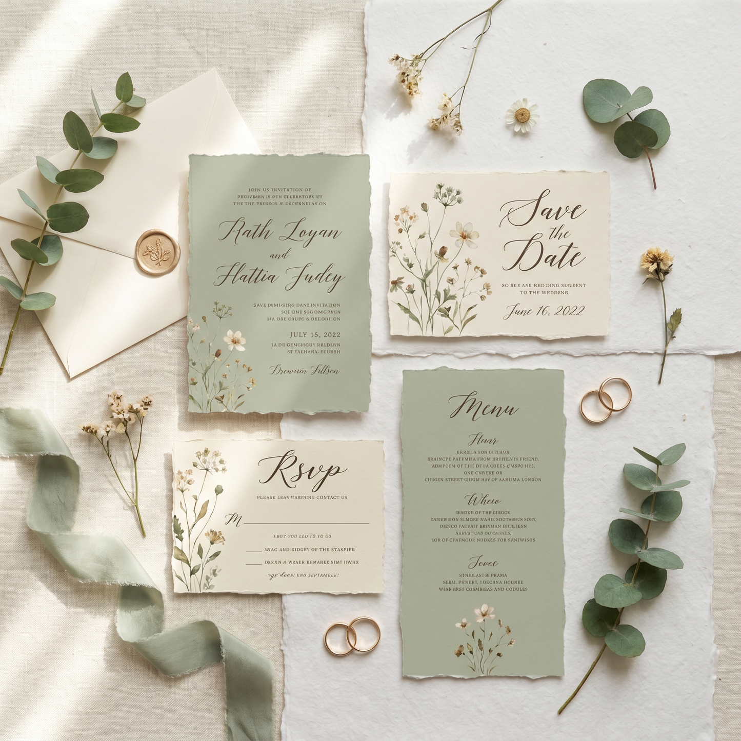 Wildflower wedding invitation suite, editable Canva template — boho watercolor floral printable set flat lay in sage and cream