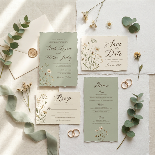 Wildflower wedding invitation suite, editable Canva template — boho watercolor floral printable set flat lay in sage and cream