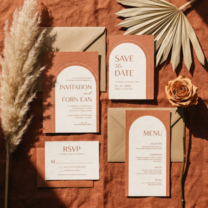 Terracotta desert boho wedding invitation suite, arch and pampas editable Canva printable set flat lay