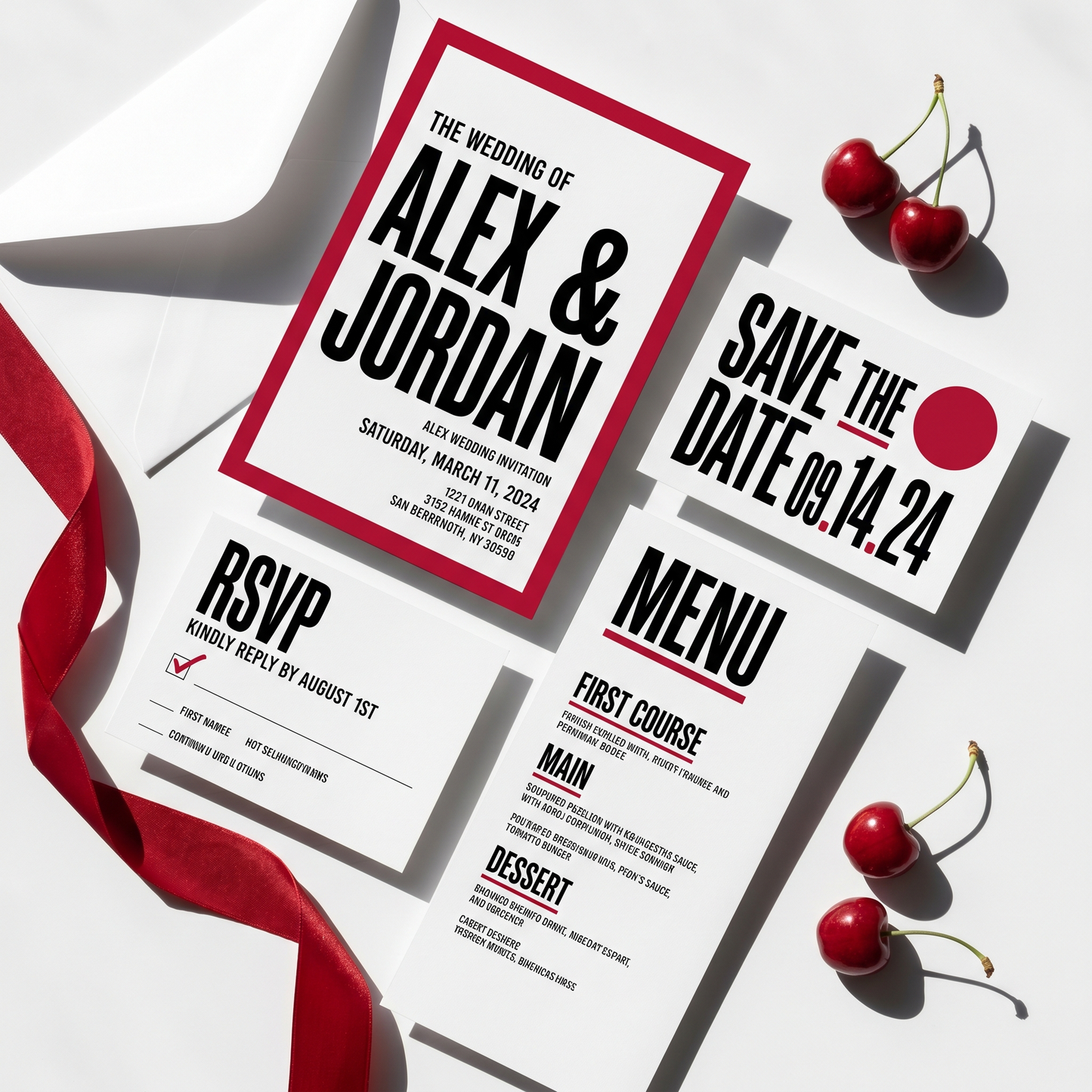 Cherry red bold modern wedding invitation suite, black white and red editable Canva printable set flat lay
