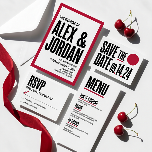 Cherry red bold modern wedding invitation suite, black white and red editable Canva printable set flat lay