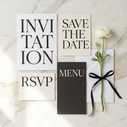 Minimalist modern editorial wedding invitation suite, black and white editable Canva printable set flat lay