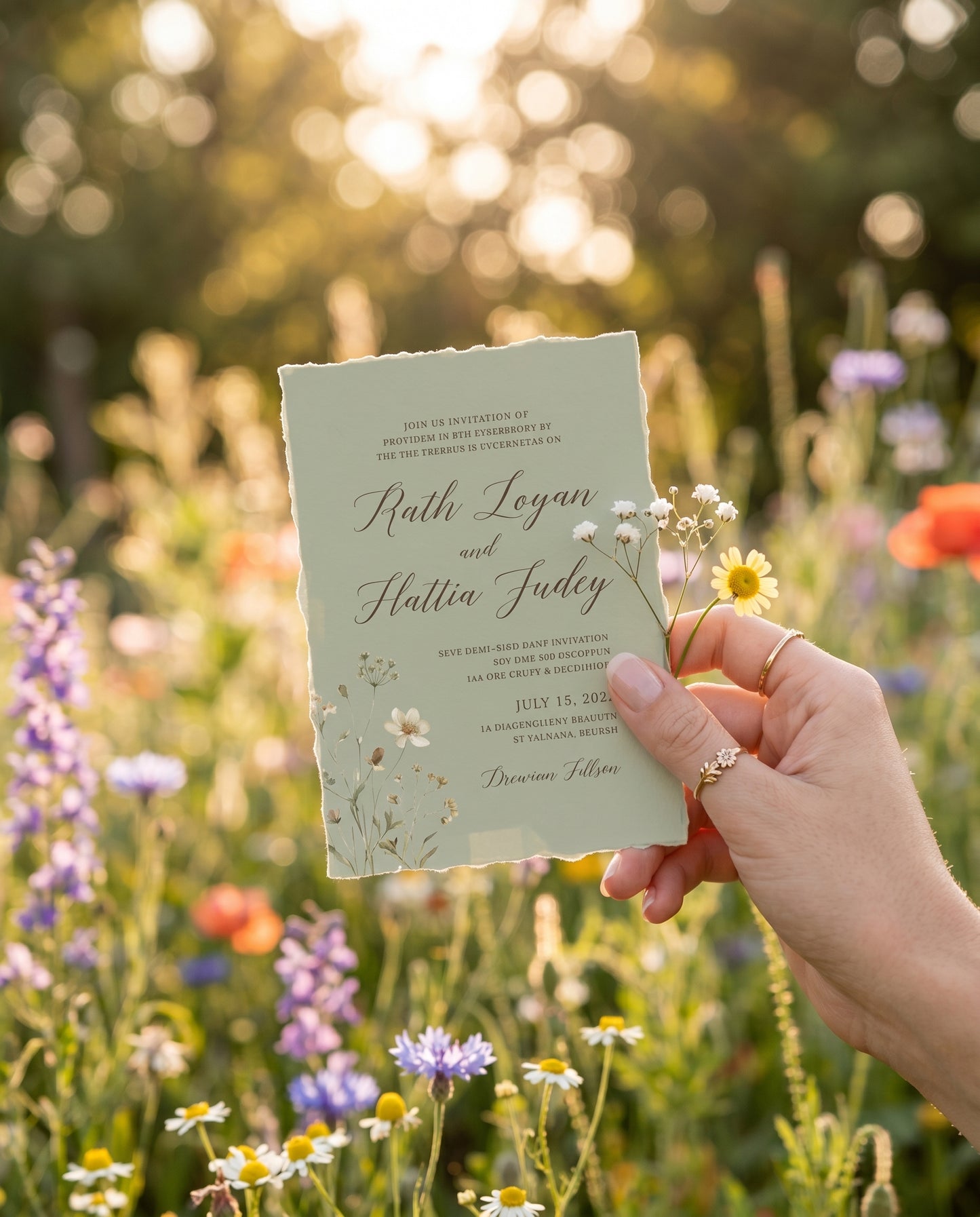 Hand holding the wildflower wedding invitation in a garden