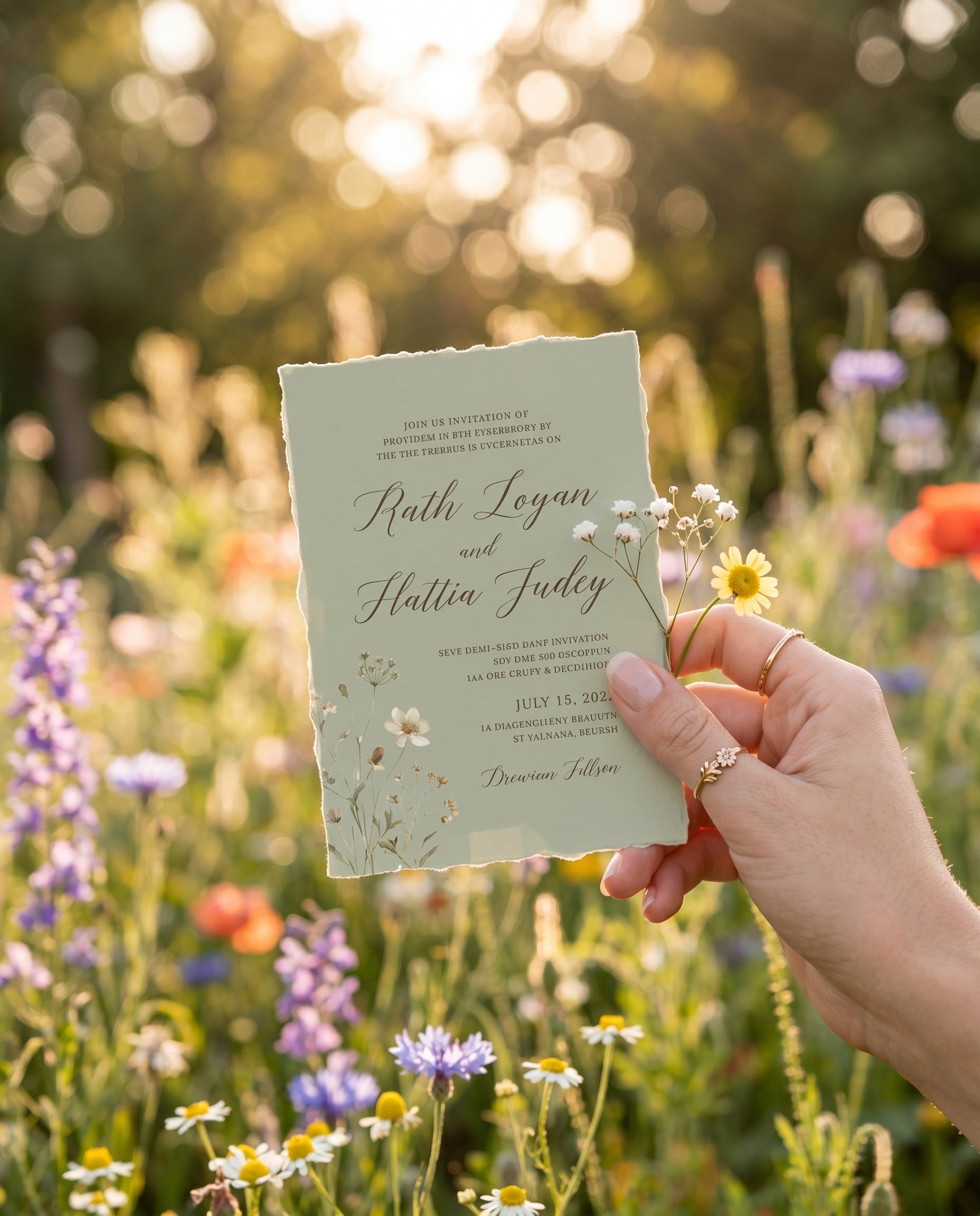 Hand holding the wildflower wedding invitation in a garden