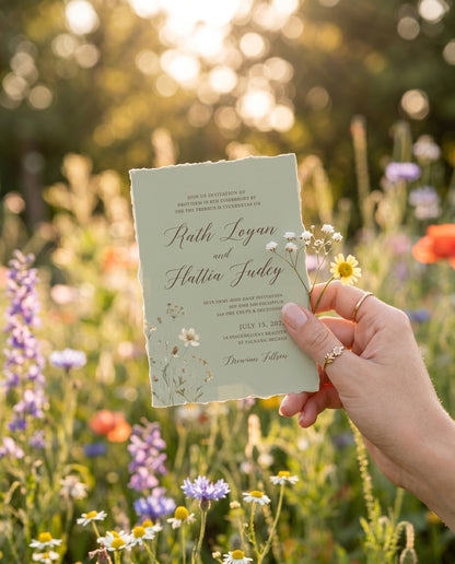 Hand holding the wildflower wedding invitation in a garden