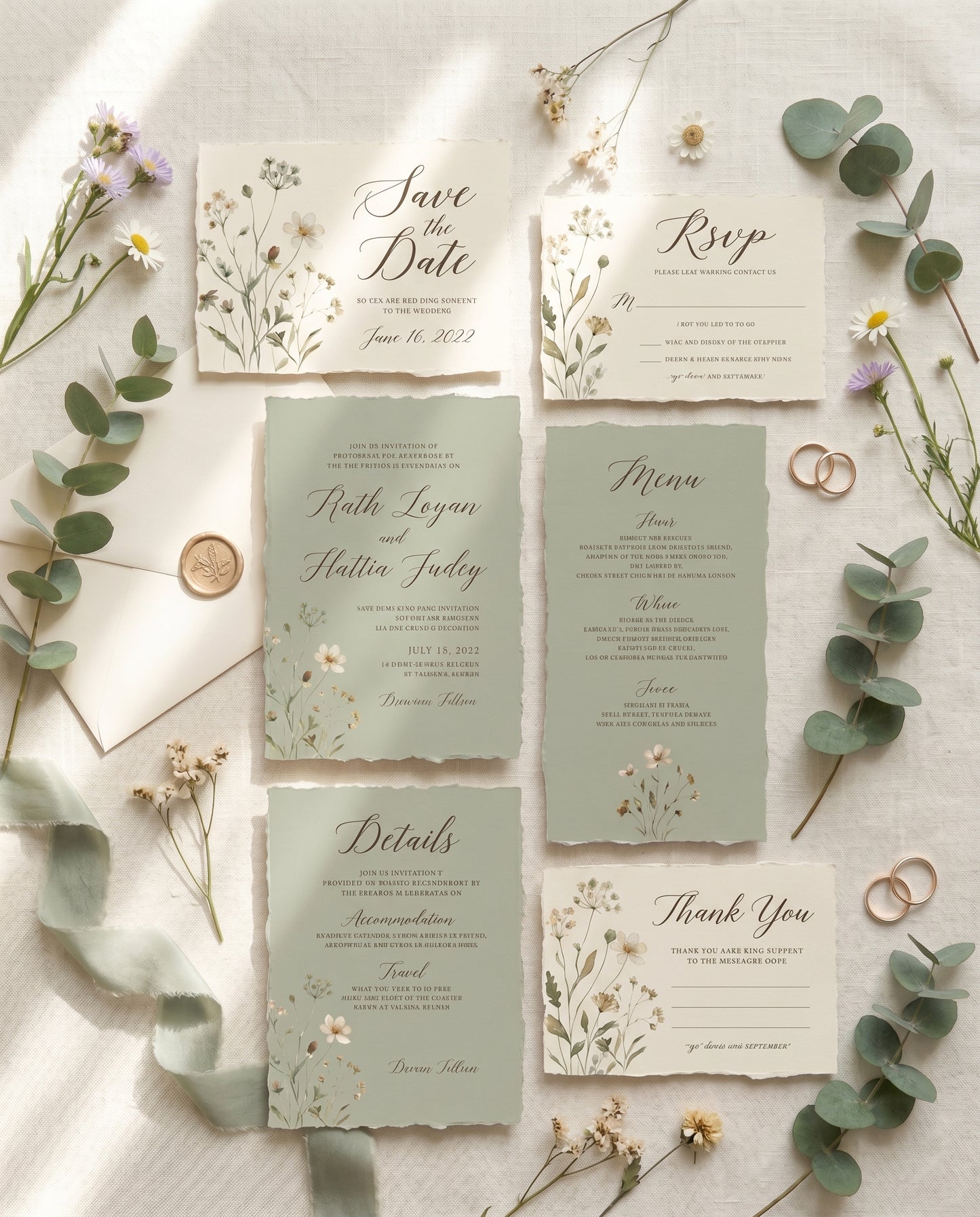 Full wildflower wedding invitation suite flat lay