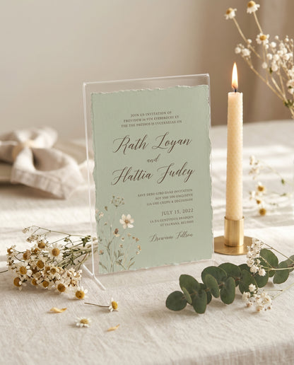 Wildflower wedding invitation displayed in a stand with candle
