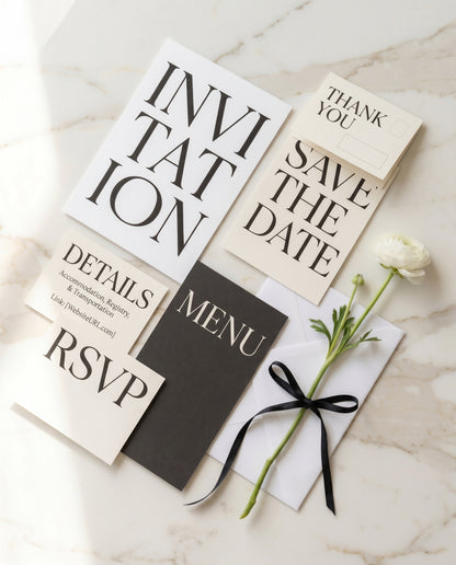Full minimalist editorial wedding invitation suite on marble