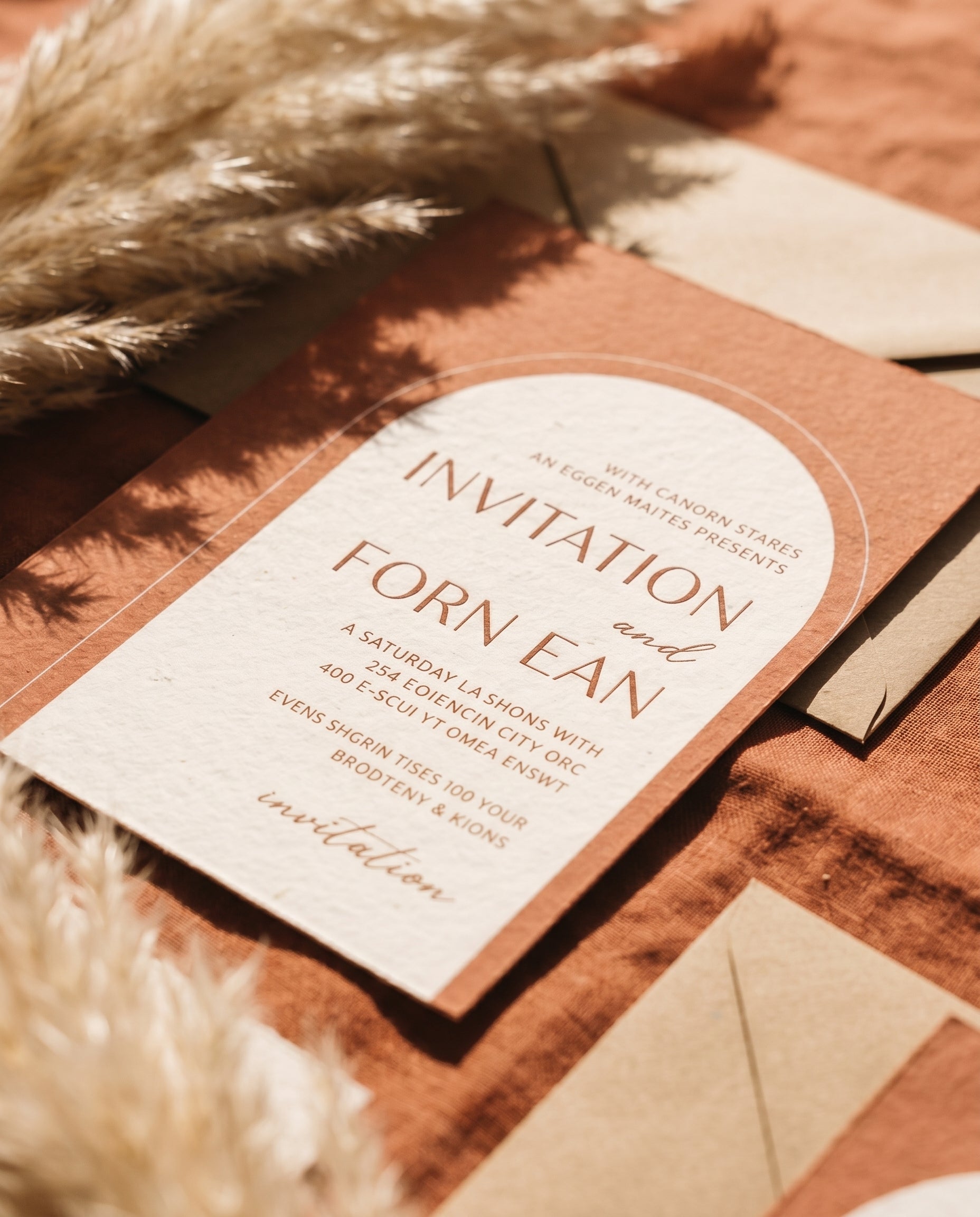 Terracotta desert boho wedding invitation close-up detail