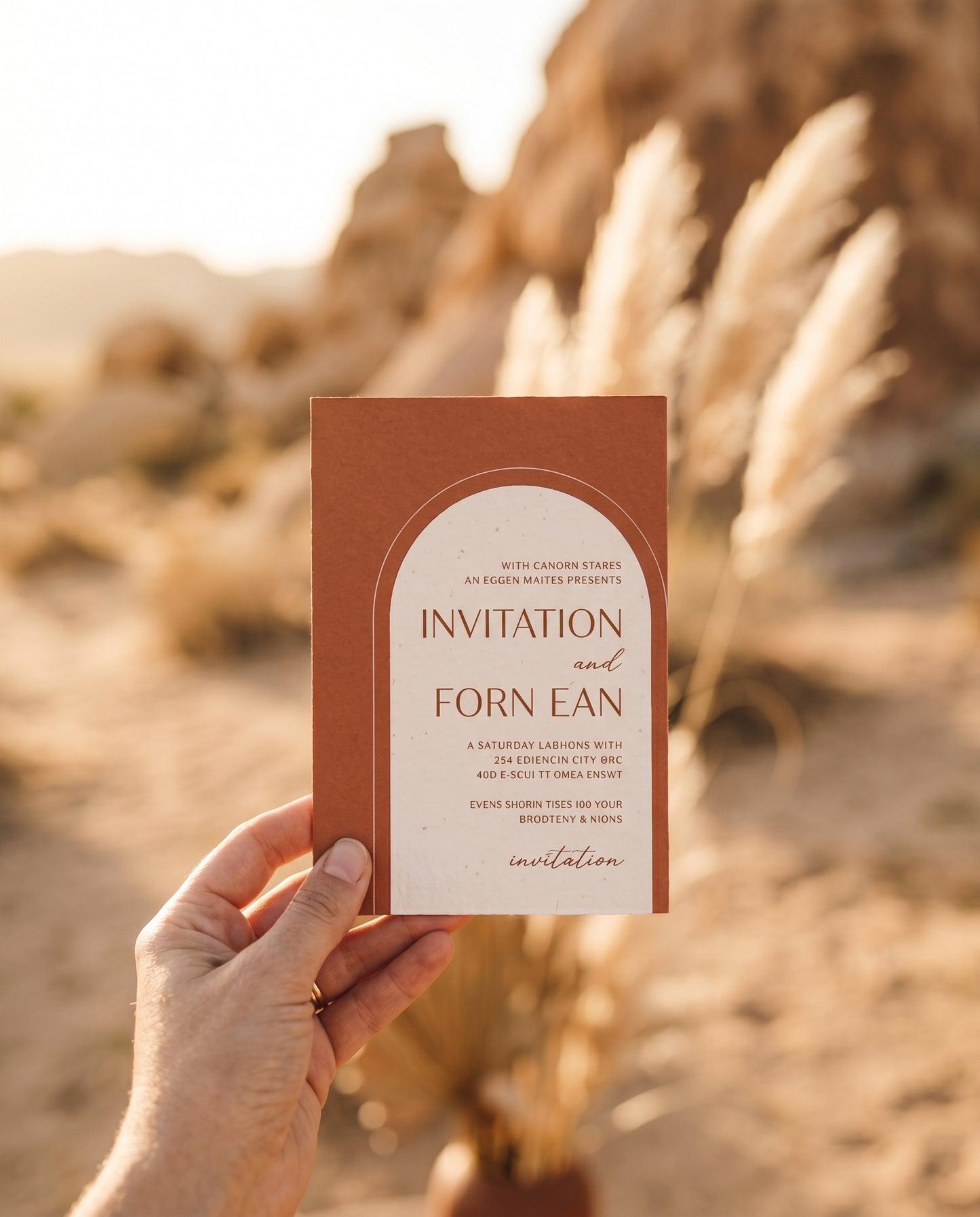 Hand holding terracotta wedding invitation at golden hour