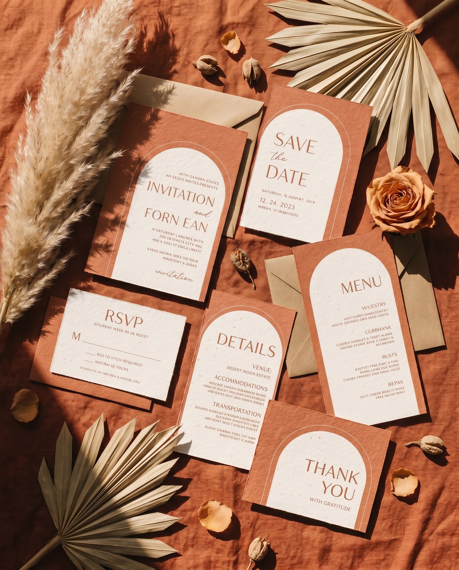 Full terracotta desert boho wedding invitation suite flat lay