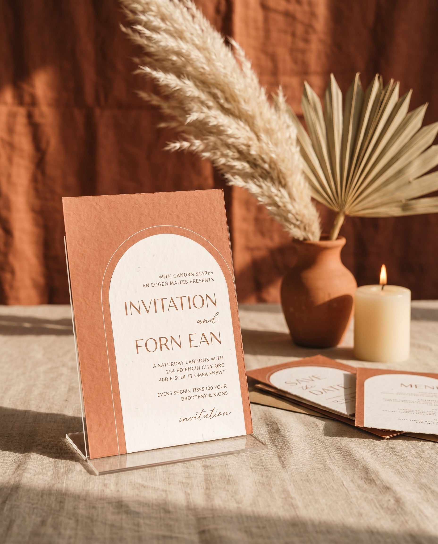 Terracotta wedding invitation displayed in a stand with pampas