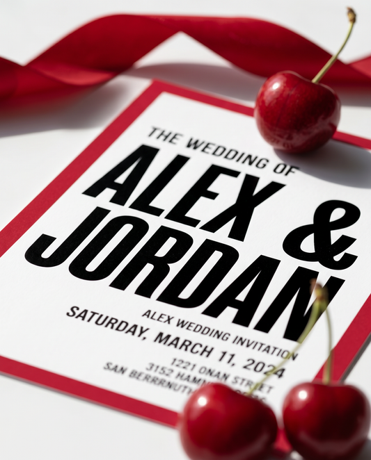 Cherry red bold modern wedding invitation close-up detail