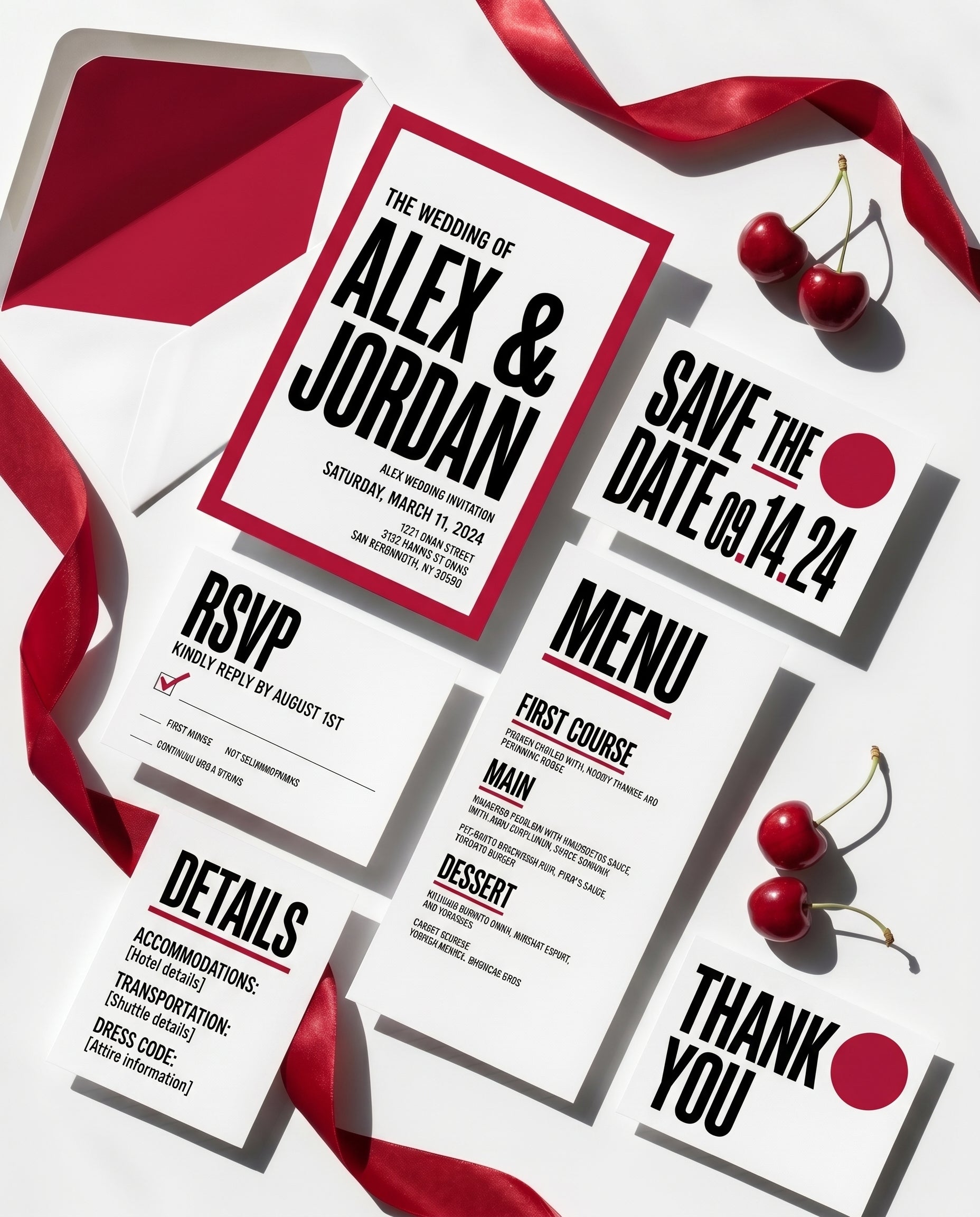 Full cherry red bold modern wedding invitation suite flat lay