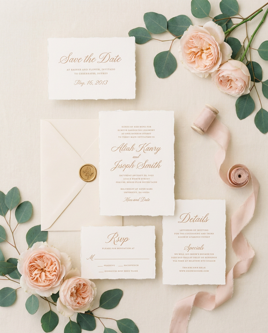 Full wedding invitation suite styled with florals
