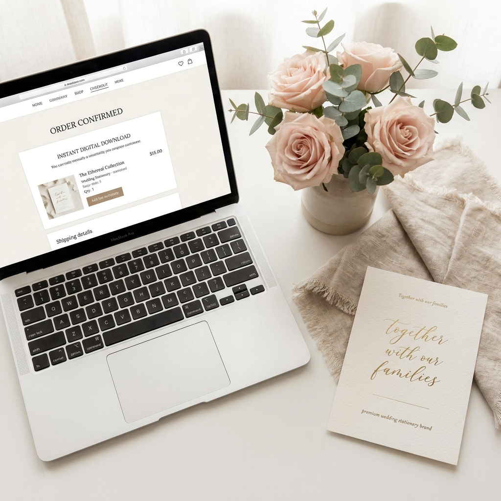 Laptop showing instant download of wedding invitation templates