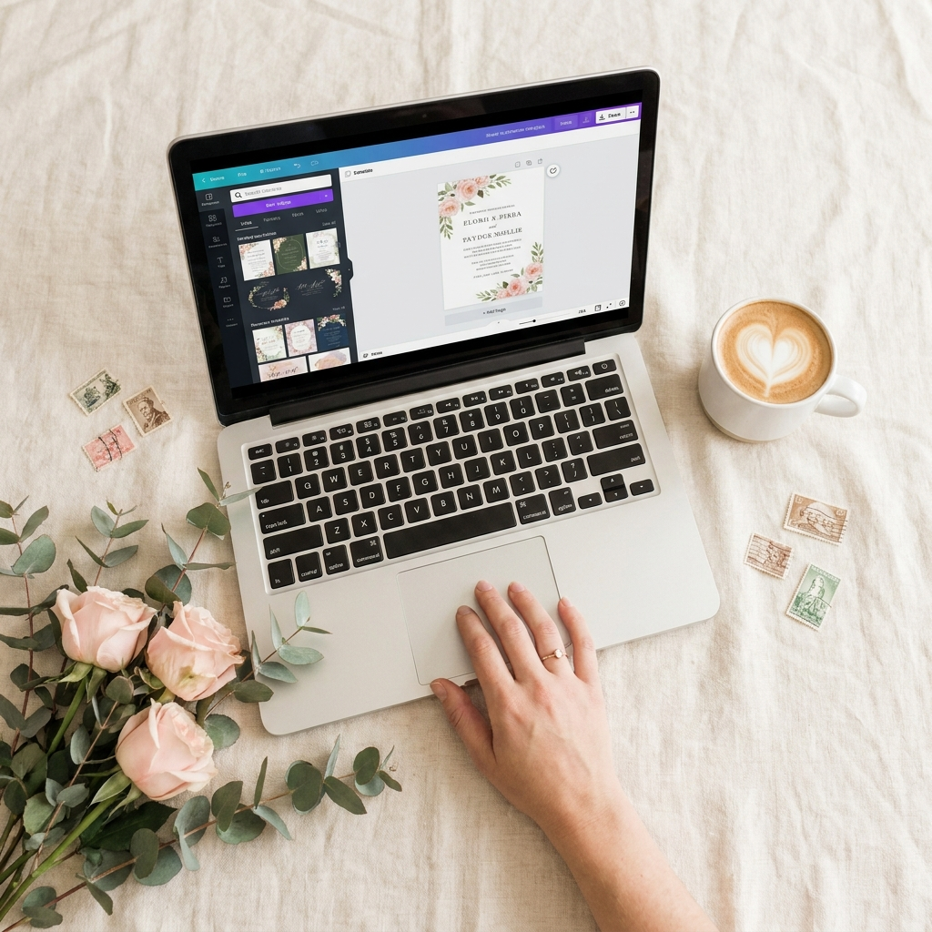 Editing a wedding invitation design on a laptop