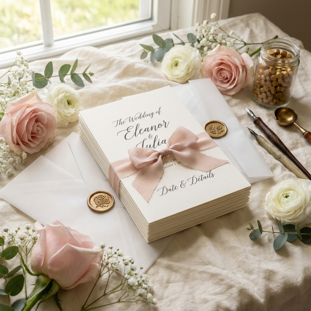 Printed wedding invitation cards with envelopes and wax seals